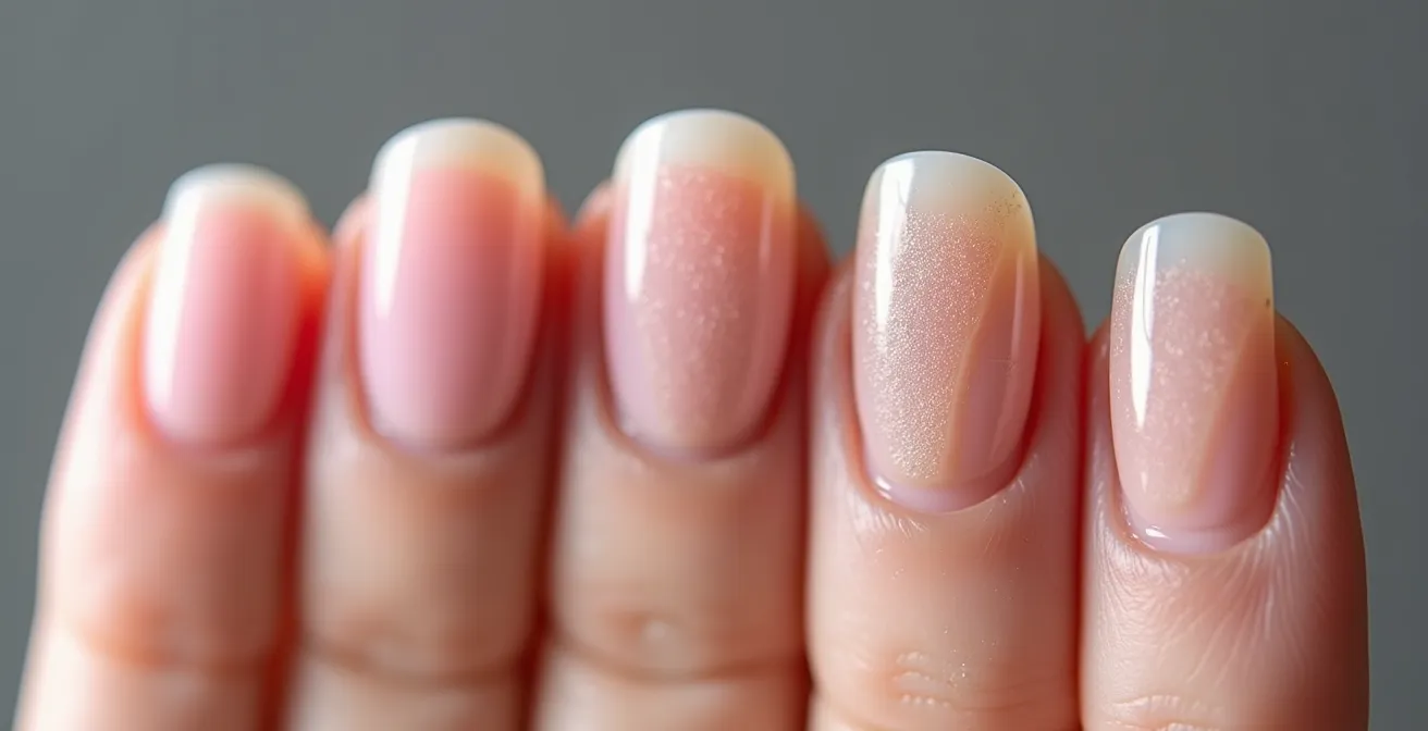 Close-up view of different nail lifting patterns on fingernails