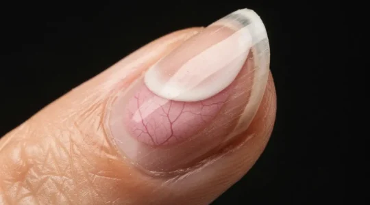 Cross-sectional view of fingernail anatomy showing nail matrix beneath proximal fold