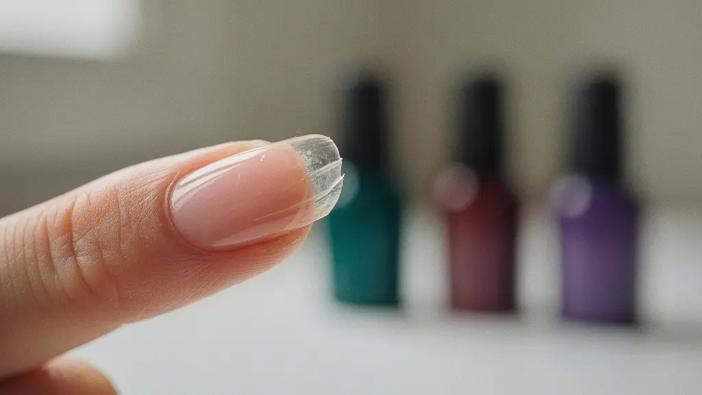 Close-up of hands showing peeling nail layers despite premium nail care products
