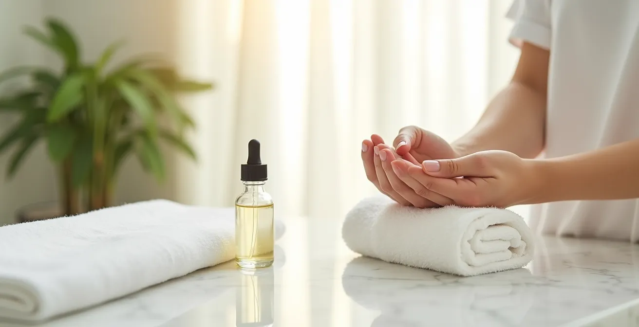 Hands applying nourishing oil treatment to nails after gel polish removal
