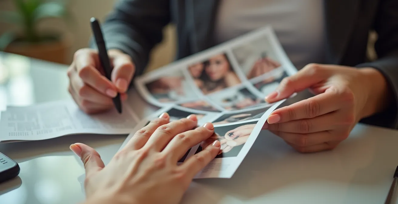 Client and nail technician reviewing nail shape reference photos during consultation