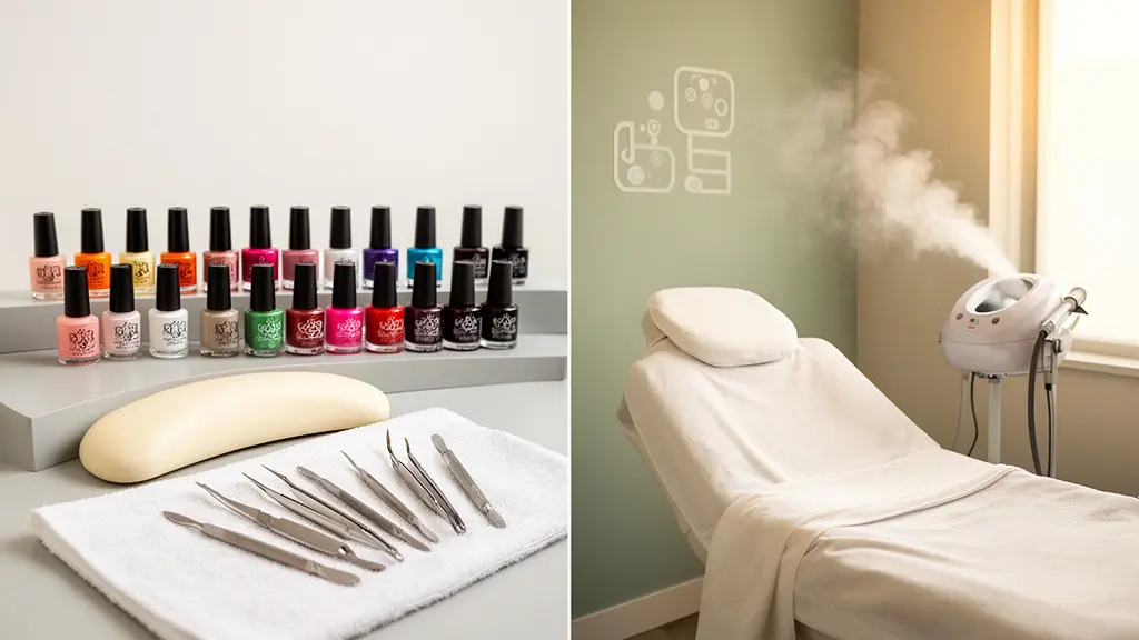 Split editorial photograph comparing a minimalist nail station setup on the left with a full esthetics treatment room on the right, symbolizing two career paths in the beauty industry.