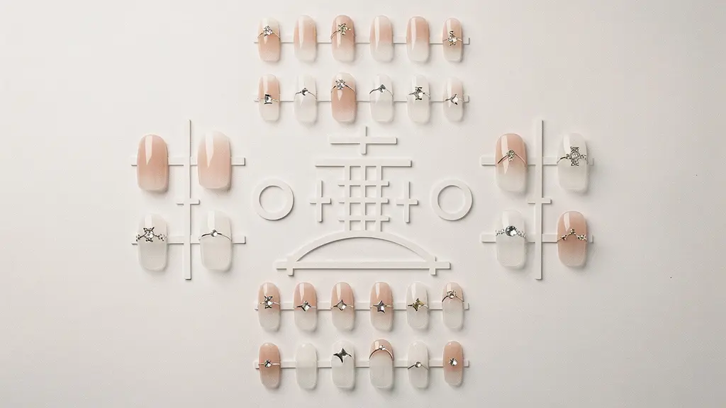 Wide angle view of professional nail workspace showing strategic charm placement demonstration