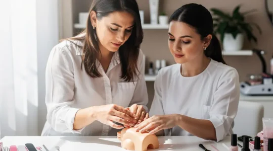 Professional nail technician teaching apprentice advanced manicure techniques in modern salon