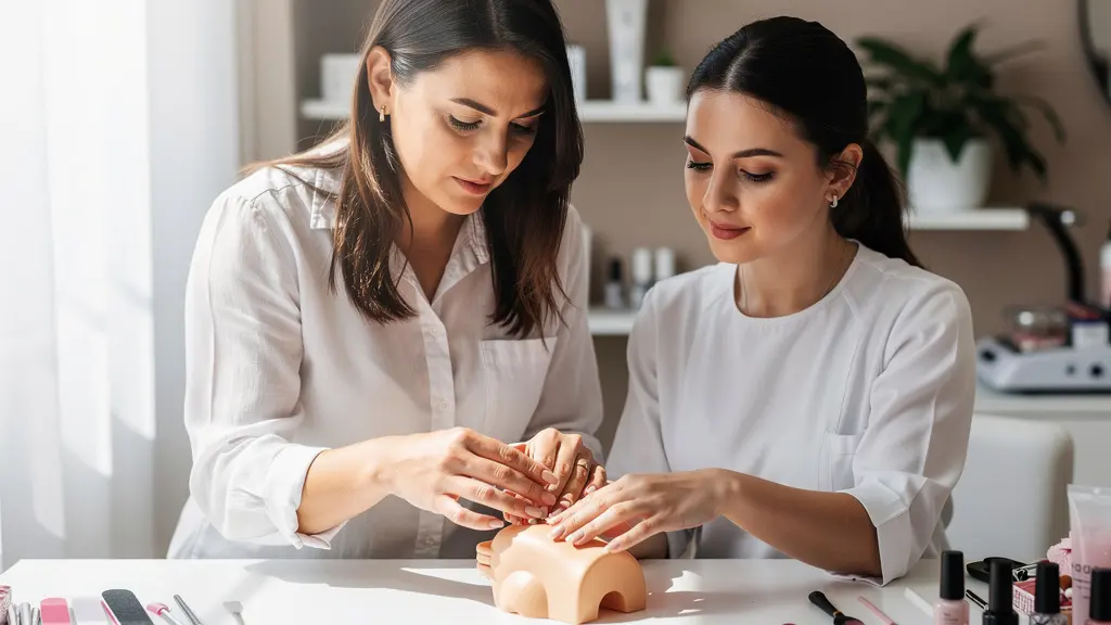 Professional nail technician teaching apprentice advanced manicure techniques in modern salon