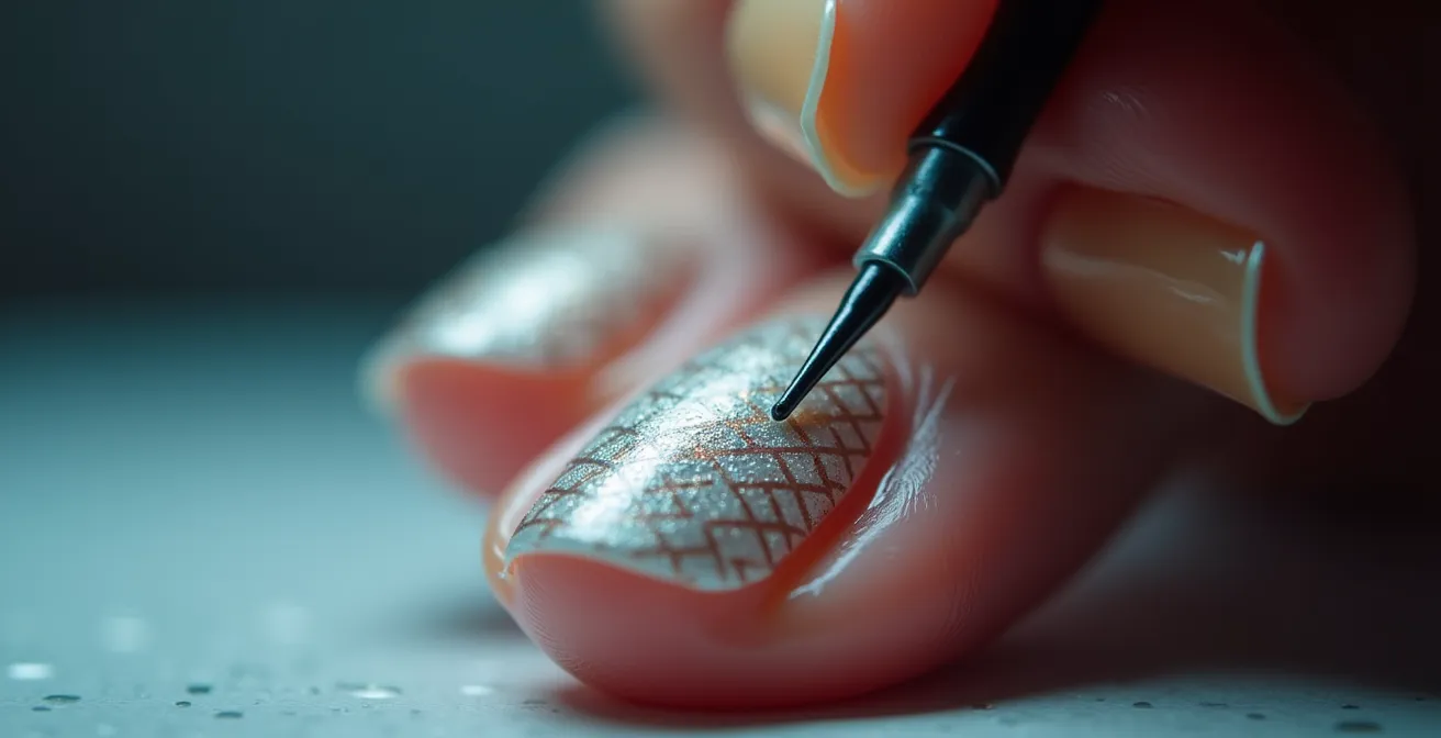 Macro shot of nail technician performing intricate nail art detail work