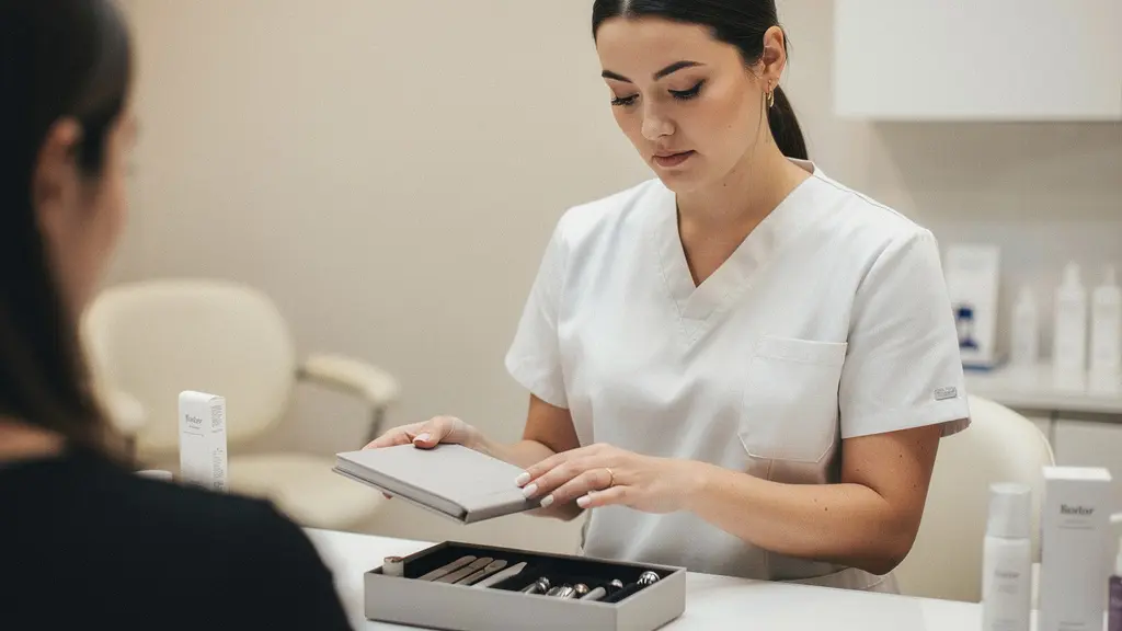Portrait-style editorial photo of a nail technician calmly setting a boundary at a manicure table, conveying professionalism and self-respect without confrontation.