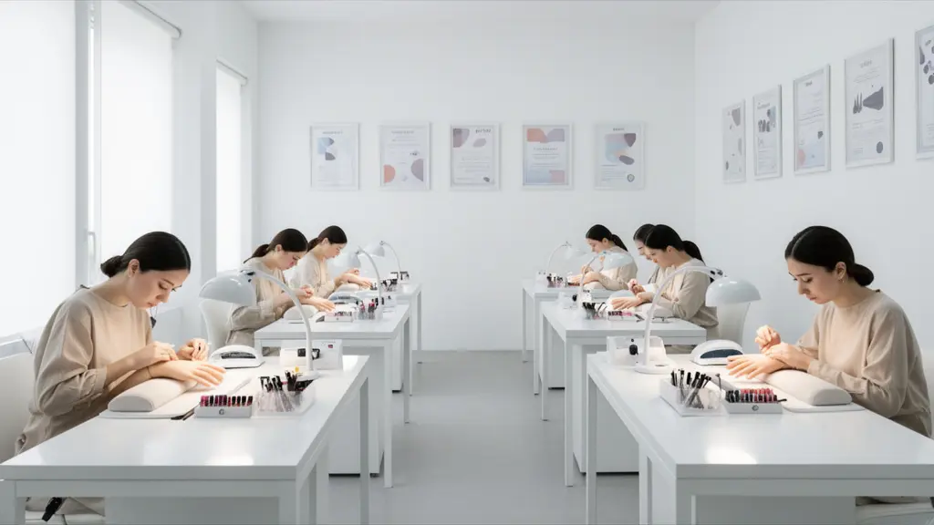 Wide angle view of a modern training facility with nail technicians practicing advanced techniques