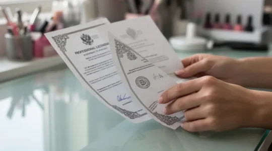 Close-up of a nail technician's hands reviewing professional licensing documents in a bright salon setting