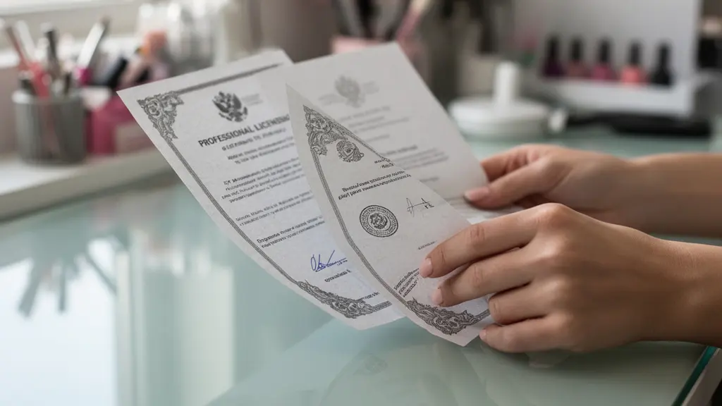 Close-up of a nail technician's hands reviewing professional licensing documents in a bright salon setting