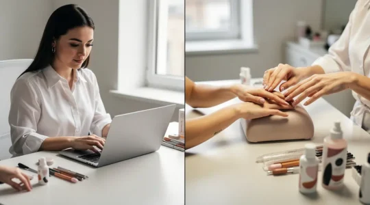 Split-screen comparison showing nail technician practicing online masterclass at home versus in-person training session