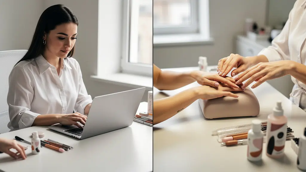 Split-screen comparison showing nail technician practicing online masterclass at home versus in-person training session