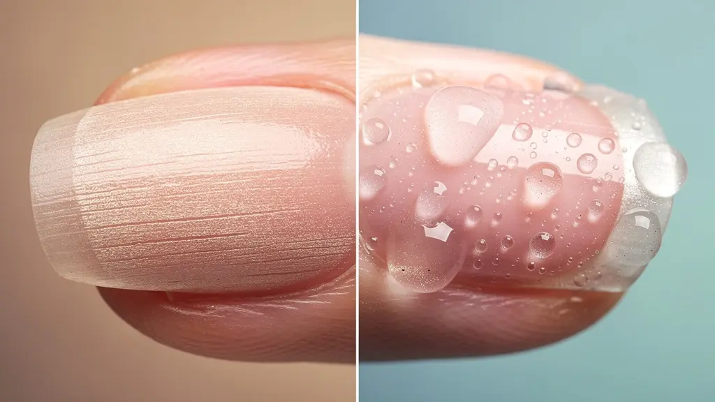 Macro shot showing the microscopic effect of water absorption on a nail's surface, illustrating the sponge-like texture.