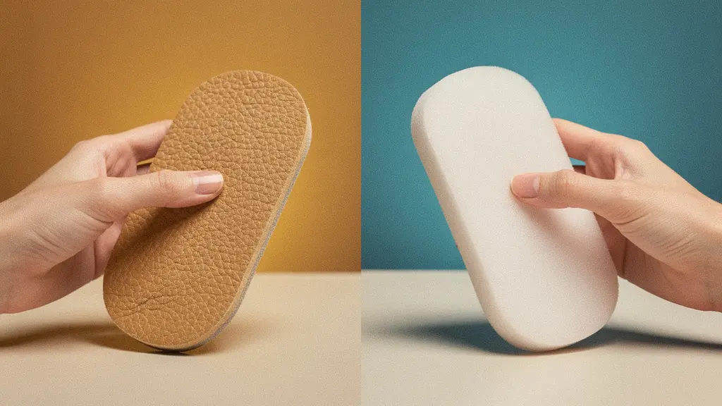 Side-by-side comparison of natural chamois and synthetic buffer materials showing texture differences