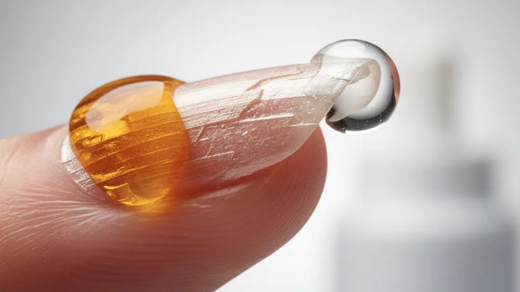 Macro close-up of nail plate with oil and serum absorption demonstration
