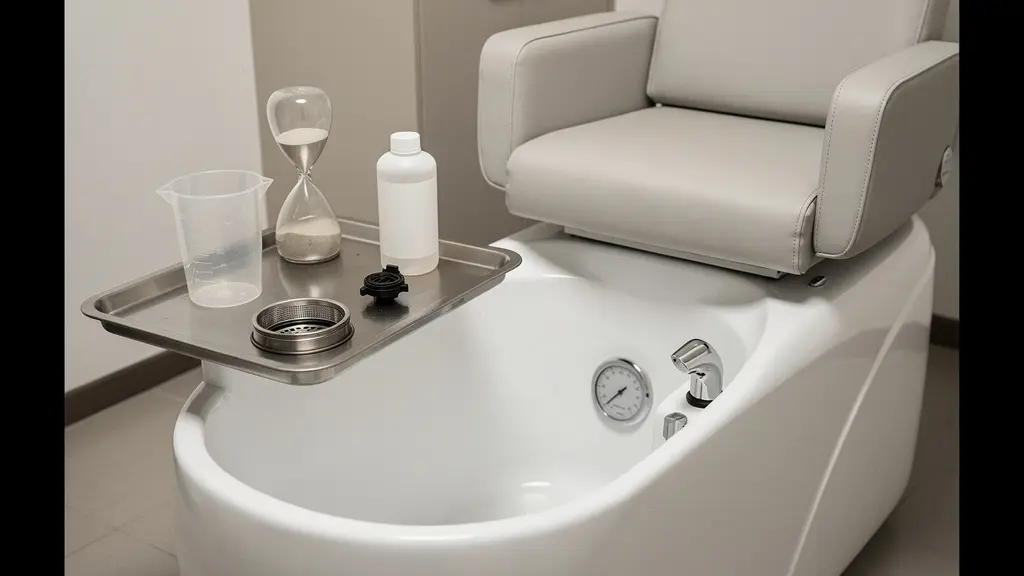 A minimalist wide shot of a spotless pedicure basin setup for disinfection, with brandless tools and strong negative space.