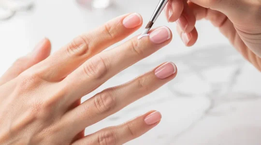 Professional demonstration of French manicure smile line technique