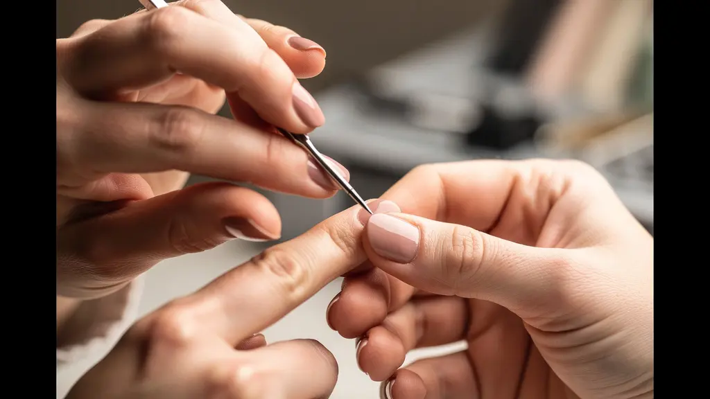 Professional nail technician demonstrating precise cleanup around cuticles