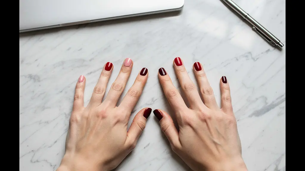 Hands showing gradient of red nail polish shades from burgundy to bright red