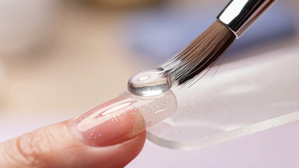 Macro view of acrylic brush applying clear monomer bead with slide and press motion