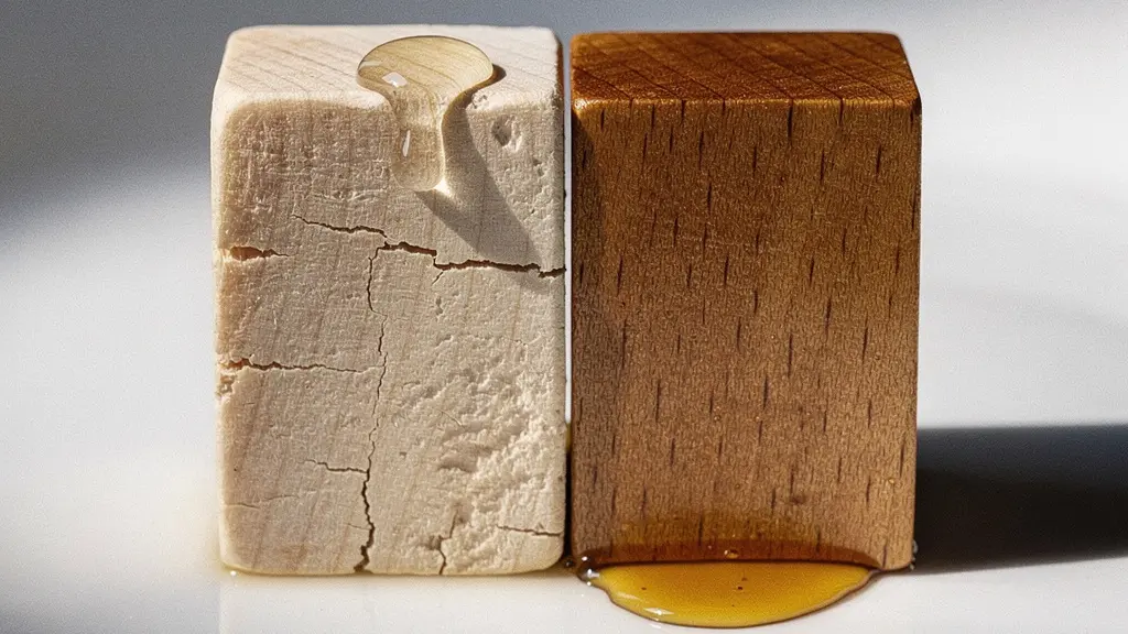 Side-by-side comparison of a waterlogged piece of pale wood with visible swelling and cracks next to an oiled piece of the same wood with a smooth protected surface, symbolizing the sponge effect on nails.