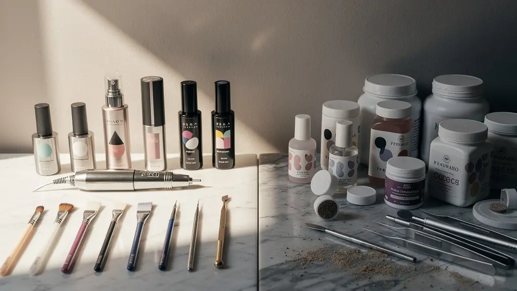 Close-up of a nail technician workstation with professional tools and branded products arranged under soft studio lighting, symbolizing quality education versus fraudulent programs.