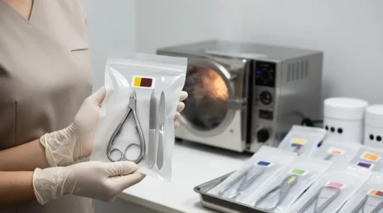 A clean nail salon sterilization station with sealed instrument pouches and an autoclave in the background, photographed with editorial realism and ample negative space.