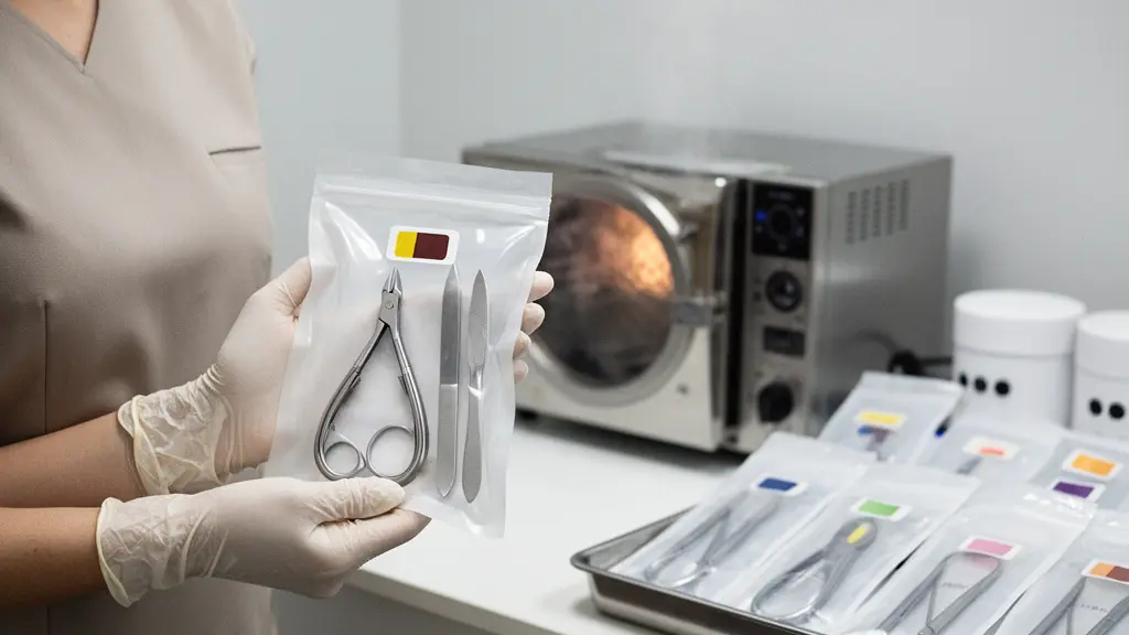 A clean nail salon sterilization station with sealed instrument pouches and an autoclave in the background, photographed with editorial realism and ample negative space.