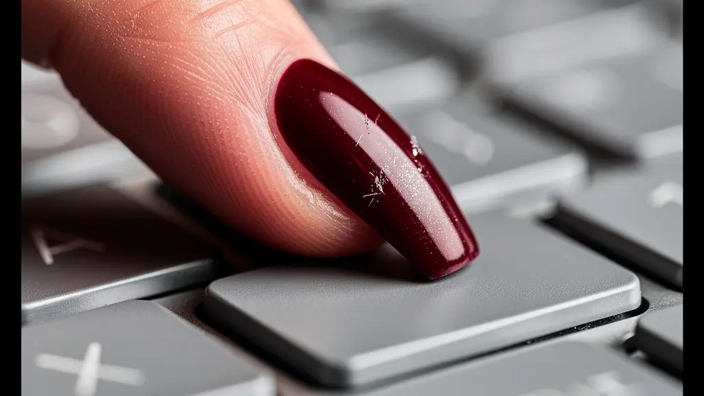 Macro shot of stiletto nails demonstrating proper finger pad typing position