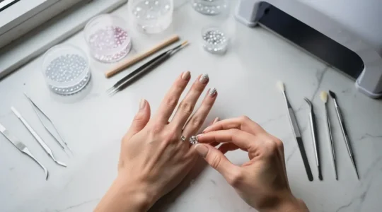 Professional nail artist applying Swarovski crystals to glossy gel manicure with precision tools