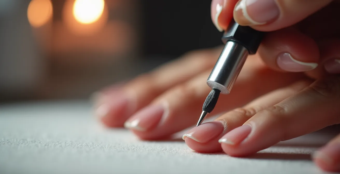 Professional nail technician applying thin layer of gel polish with precise brush strokes