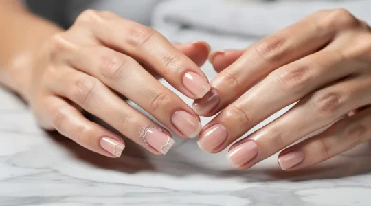 Woman's hands showing the gradual transition from acrylic nails to healthy natural nails