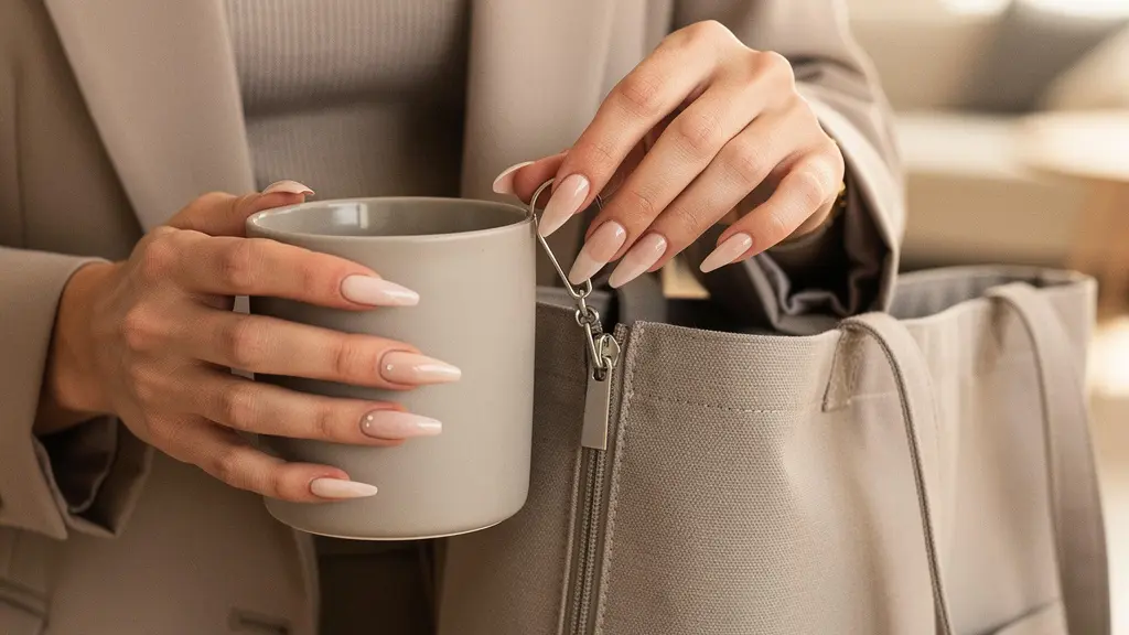 Close-up editorial photo of hands with extra-long stiletto nails confidently performing a simple everyday task, with clean negative space for a headline.