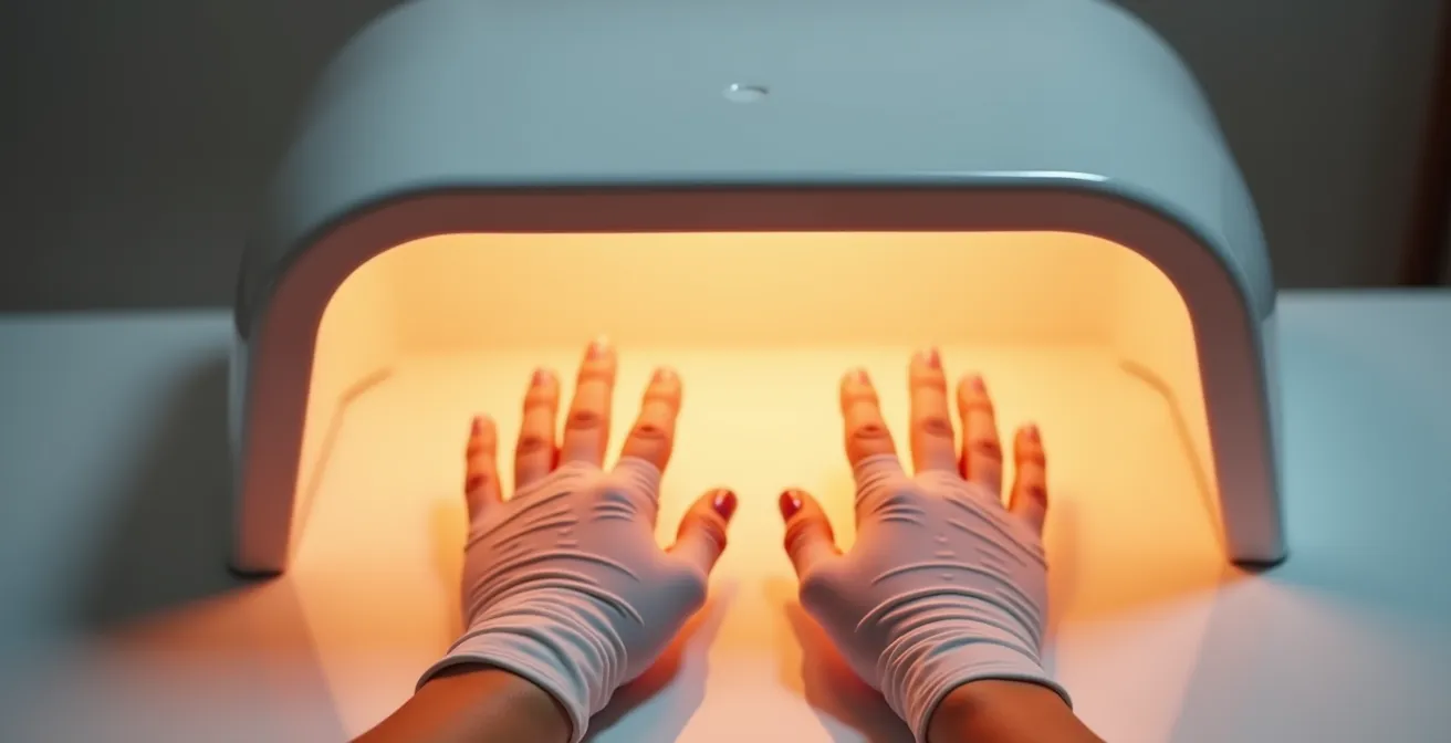 Hands wearing fingerless UV protection gloves under a nail curing lamp with soft lighting
