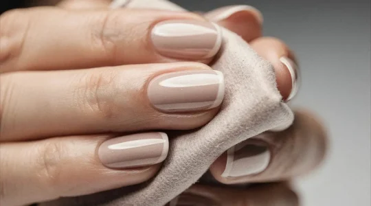 Close-up of hands demonstrating chamois buffer technique on glossy nails with professional lighting