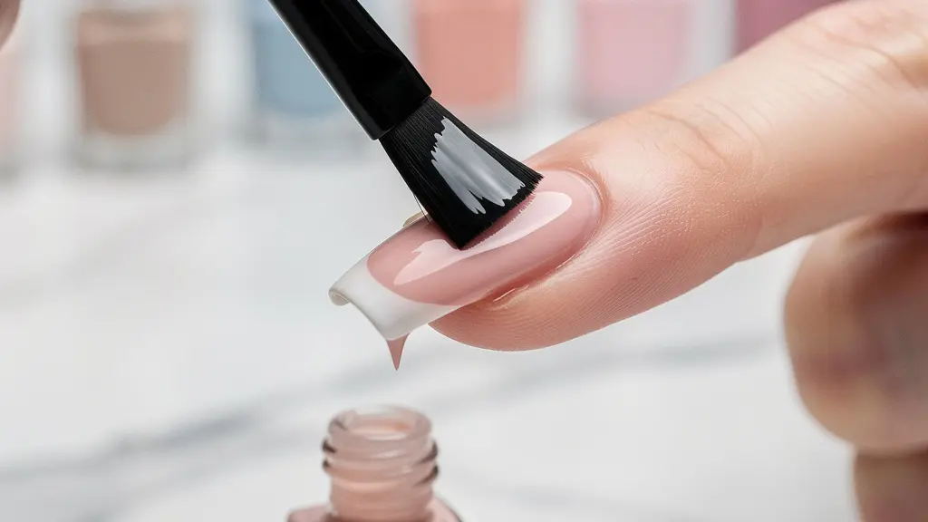 Close-up view of nail polish application showing the critical capping technique at the nail tip