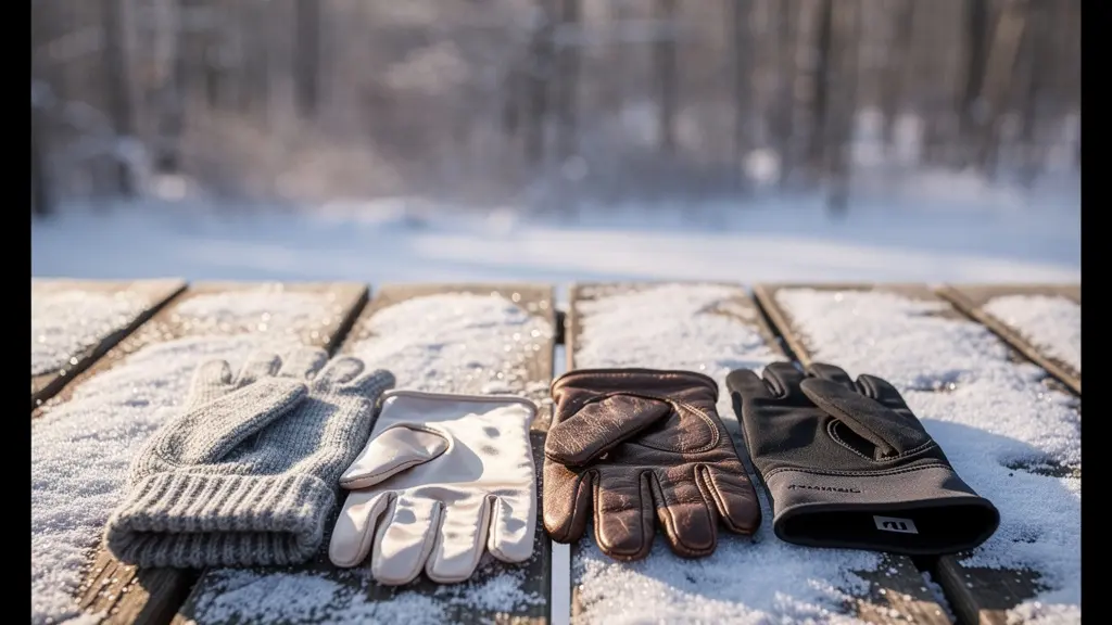 A collection of different winter glove materials, including wool, leather, and silk, laid out to show textural differences.