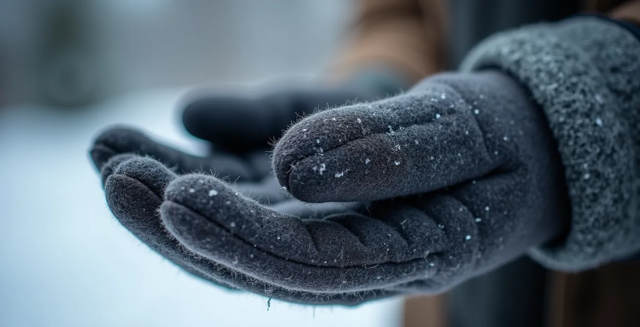Cross-section view of layered winter gloves showing different fabric textures