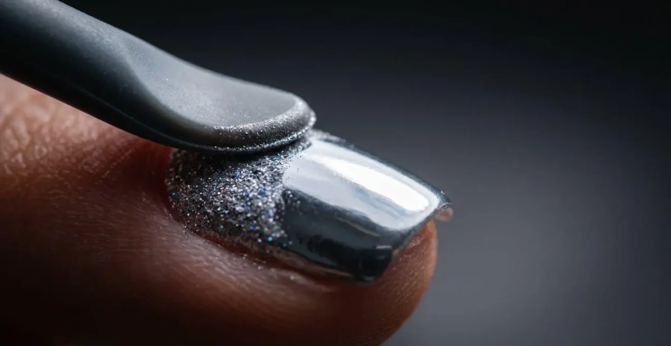 Extreme macro detail of silicone tool burnishing holographic powder onto nail surface showing particle compression
