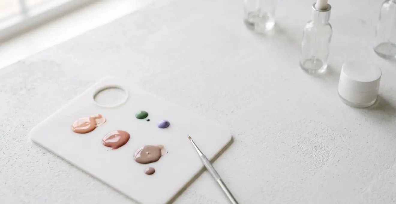 Professional nail polish mixing palette with custom nude shades and color correcting drops in a clean minimalist studio setup