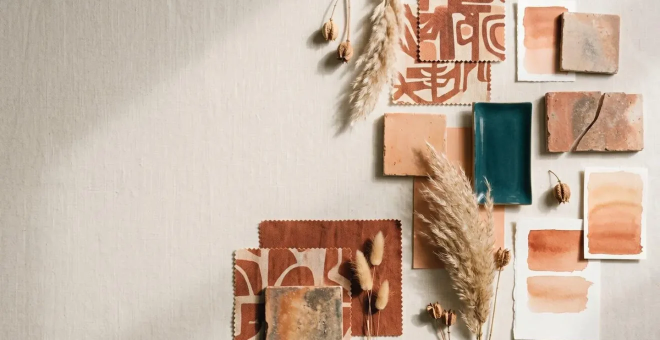 Artistic flat lay of vintage textile swatches, paint chips, and color samples arranged to demonstrate color palette cohesion