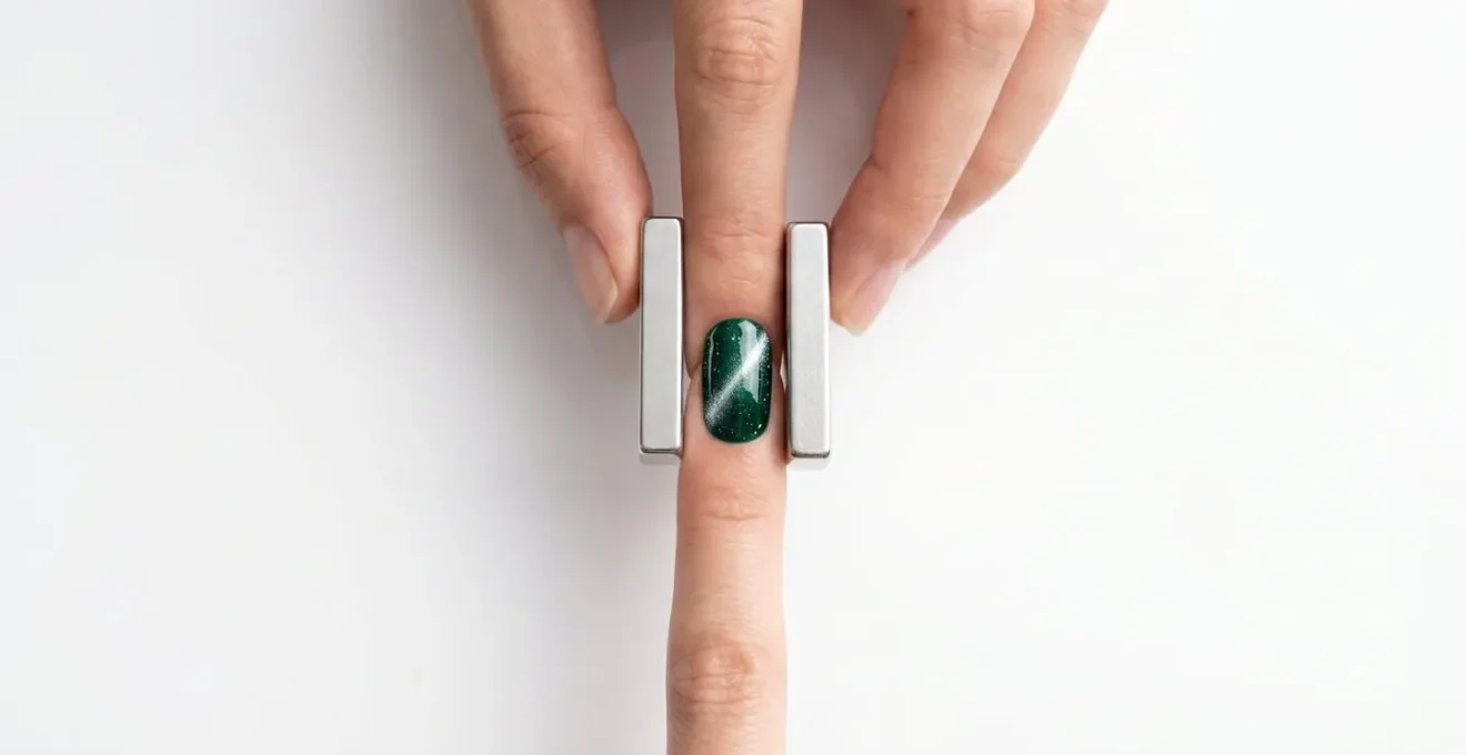 Overhead wide shot showing both hands positioning two rectangular magnets on opposite sides of a nail to create concentrated magnetic effect