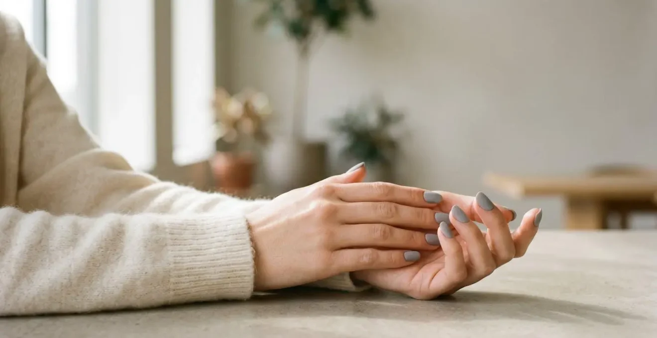 Environmental shot of hands with fabric-textured matte nails in soft natural window light setting