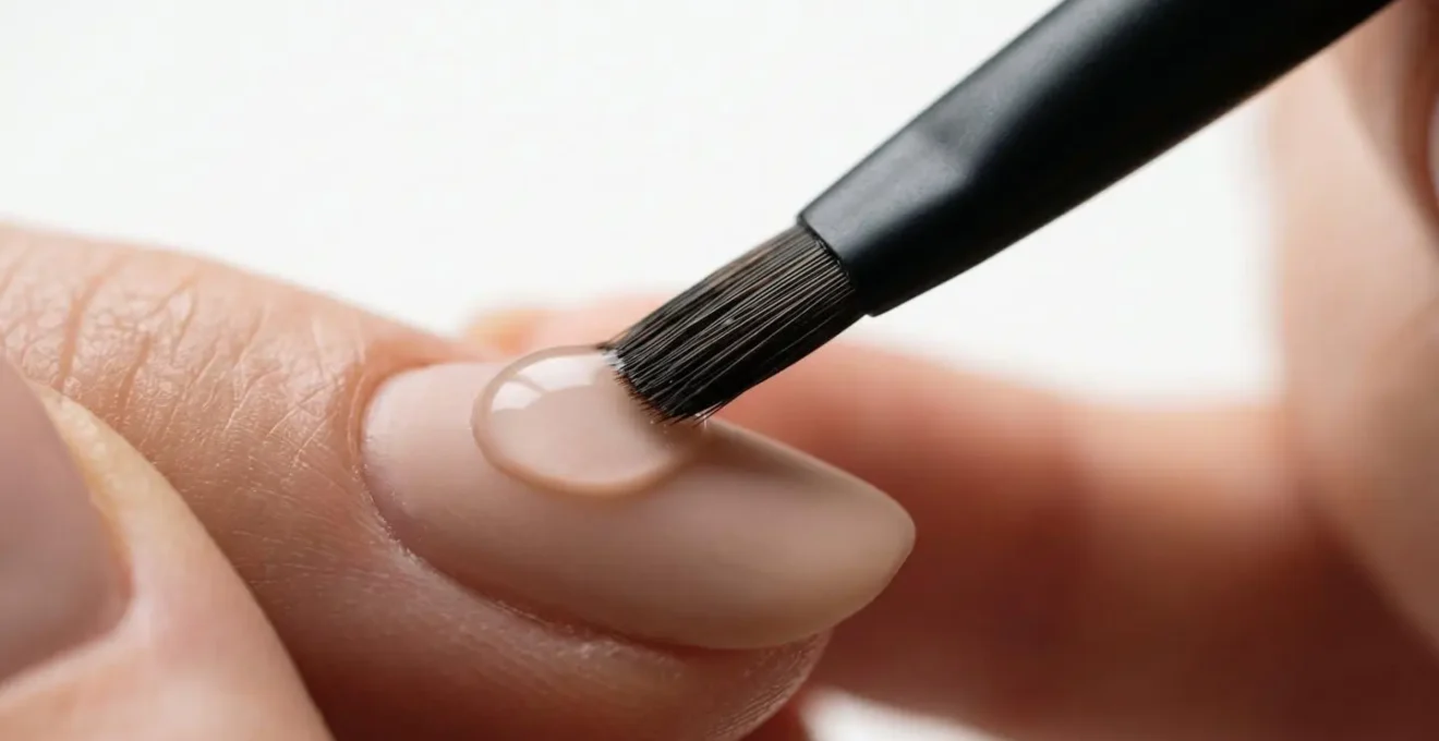 Extreme close-up showing brush hovering over nail surface with generous bead of matte top coat self-leveling