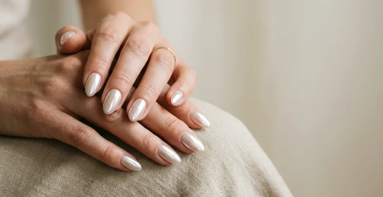 Elegant chrome mirror-finish manicure with pearl iridescent glow showcasing the viral glazed donut nail aesthetic