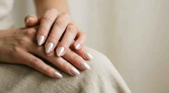 Elegant chrome mirror-finish manicure with pearl iridescent glow showcasing the viral glazed donut nail aesthetic