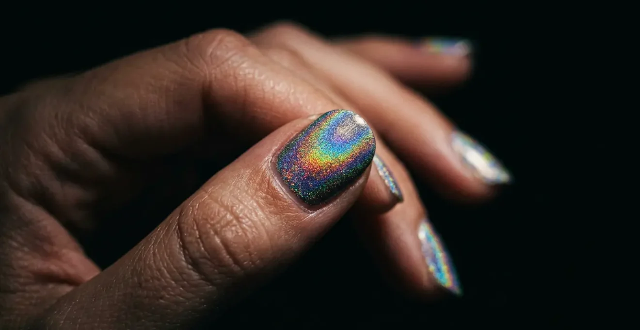 Close-up of holographic nail polish displaying rainbow diffraction effect under dramatic lighting