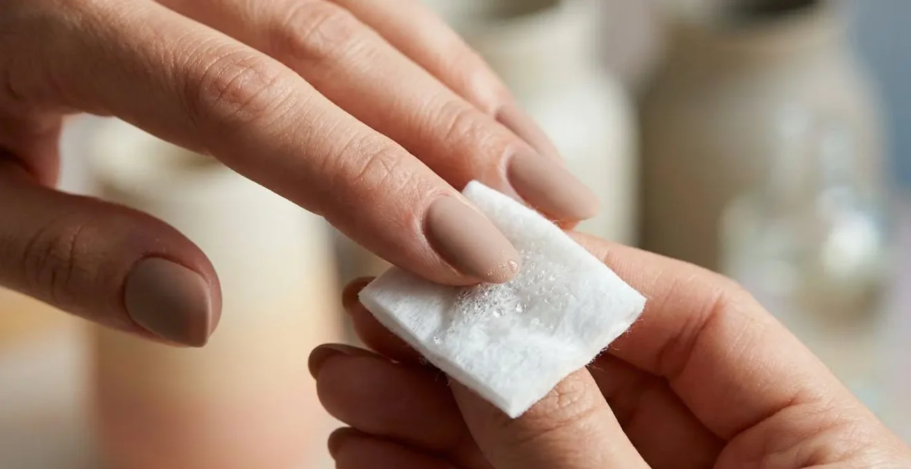 Close-up of hands with velvety matte manicure being gently cleaned with alcohol wipe