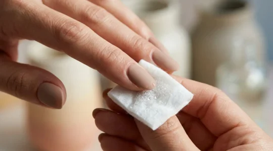 Close-up of hands with velvety matte manicure being gently cleaned with alcohol wipe