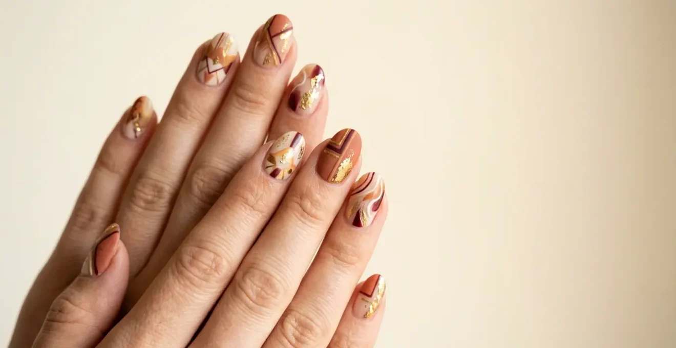 Close-up of hands displaying maximalist layered pattern nail art with mixed textures and cohesive color palette